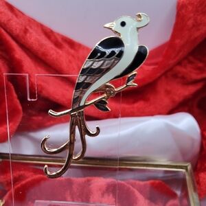 Vintage Cloisonne Bird Brooch Black Cream & Gold Tones